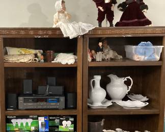 CHOICE SHELF LOT, DOLLS, KAISER PORCELAIN PITCHER & BOWL, FLOOD LIGHTS, JVC CASSETTE RECORDER, SONY SPEAKERS