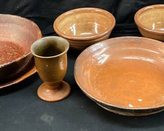 JUG TOWN POTTERY REDWARE BOWLS, CREAMER, GOBLETS, EARLY DIRT DISHES