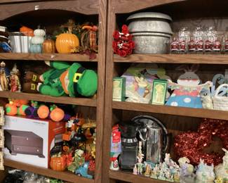CHOICE CABINET LOT HALLOWEEN DECOR, EASTER DECOR, POTS, PANS, JUICER, BLENDER,