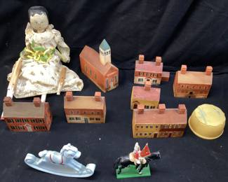 VTG. OLD SALEM WOOD BUILDING MODELS, ANTIQUE DOLL, METAL KNIGHT ON HORSEBACK FIGURINE & VTG. POWDER BOX