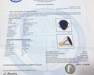 18KT YELLOW GOLD SAPPHIRE & DIAMOND RING, SIZE 7.75, 9.38ct SAPPHIRE, 0.42cts DIAMONDS, 13.6g TOTAL WEIGHT, AIGL APPRAISAL $17,350.00