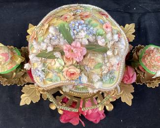 VTG. FABERGE STYLE HAND DECORATED WEDDING SCENE DIORAMA EMU EGG, FLORAL ACCENTS, ORNATE GOLD TONE STAND, 8in H, ONE OF A KIND NO SHIPPING PICKUP ONLY