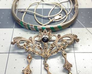 SCRAP STERLING SILVER LOT HEAVY BANGLE MISSING STONES, BROOCH MISSING STONES, KINKED SNAKE CHAIN. TOTAL WEIGHT 45.55 GRAMS