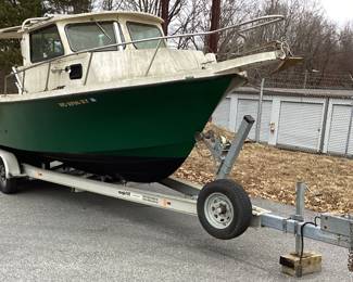 23ft 1995 PARKER OFFSHORE TRAWLER FISHING BOAT w CABIN & DUAL AXLE MAGIC TILT TRAILER, SOFT TOP BIMINI SHADE, BOAT NEEDS SOME DETAILING & NEW BATTERY, INBOARD ENGINE