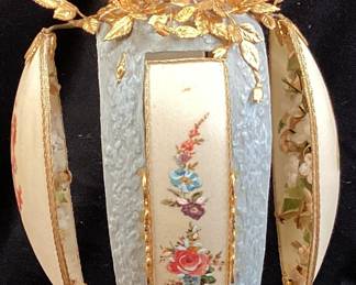 VTG. FABERGE STYLE HAND DECORATED BIRDS DESIGN OSTRICH EGG, FLORAL ACCENTS, ORNATE GOLD TONE STAND, 10.5in H, ONE OF A KIND NO SHIPPING PICKUP ONLY