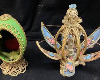 (2) HAND CRAFTED FABERGE STYLE DUCK EGGS ADORNED WITH GOLD COLORED TRIM ON STANDS