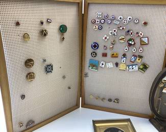 COLLECTION OF VINTAGE COMMEMORATE PINS WITH DISPLAY STANDS