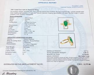 18KT YELLOW GOLD EMERALD & DIAMOND RING, SIZE 7.25 2.17ct EMERALD, 0.40cts DIAMONDS, 4.3g TOTAL WEIGHT, AIGL APPRAISAL $13,757.00