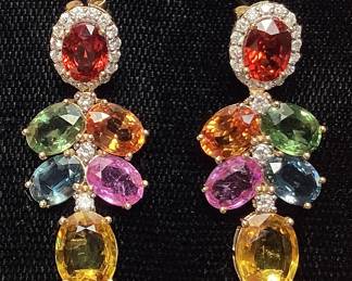 14KT YELLOW GOLD MULTI COLOR SAPPHIRE & DIAMOND EARRINGS, 13.75cts SAPPHIRES, 0.54cts DIAMONDS, 6.7g TOTAL WEIGHT, IAS APPRAISAL $10,890.00