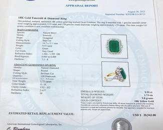 18KT YELLOW GOLD EMERALD & DIAMOND RING, SIZE 7.5, 9.55ct EMERALD, 1.73cts DIAMONDS, 9.8g TOTAL WEIGHT, AIGL APPRAISAL $30,543.00
