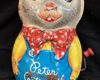 1950s MATTEL TIN LITHO WIND UP MUSICAL PETER COTTONTAIL TOY, MECHANISM IS NOT WORKING