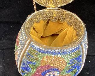 HAND CRAFTED FABERGE STYLE DUCK EGG ADORNED WITH COLORED BEADS, FLIP OPEN TOP, ON STAND