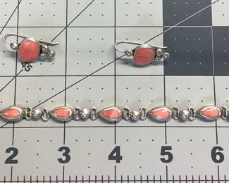 STERLING SILVER BRACELET AND EARRING SET THIS PINK CORAL MATCHING JEWELRY SET WEIGHS 23.87 GRAMS. BRACELET IS 8 INCHES