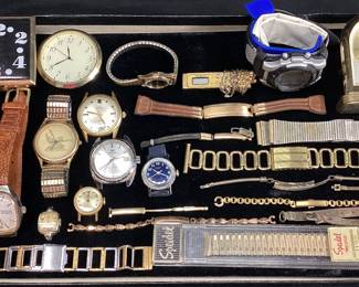 ASSORTED VTG. WATCHES, BANDS, ALARM CLOCKS WALTHAM, SPEIDEL, TIMEX, GRUEN, ARMITRON, LINDEN, ELGIN, HAMILTON, WITTNAUER, NIGHTGLOW
