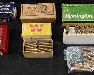 ASSORTED AMMO, WINCHESTER 30 CARBINE, REMINGTON 22/250, HORNADY 50cal, PISTOL BALL 45cal,