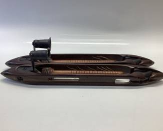 2 ANTIQUE WOODEN WEAVING SHUTTLE LOOMS AND 1987 LOG CABIN SYRUP TIN 100th ANNIVERSARY
