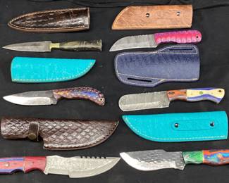 (6) DAMASCUS BLADE KNIVES w SHEATHS