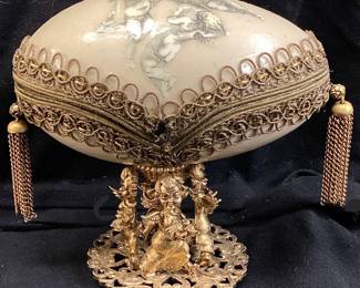 VTG. FABERGE STYLE HAND DECORATED CHERUB DESIGN OSTRICH EGG TRINKET BOX, ORNATE GOLD TONE STAND, 5in H, ONE OF A KIND NO SHIPPING PICKUP ONLY