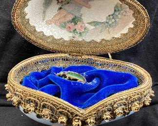 VTG. FABERGE STYLE HAND DECORATED LITTLE REDHEAD GIRL DESIGN OSTRICH EGG, LINED TRINKET BOX, FLORAL GOLD ACCENTS, ORNATE GOLD TONE STAND, 3.5in H, ONE OF A KIND NO SHIPPING PICKUP ONLY