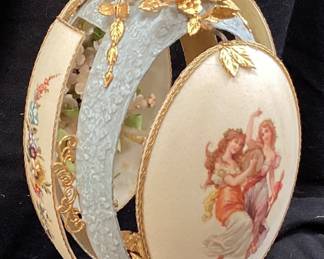 VTG. FABERGE STYLE HAND DECORATED BIRDS DESIGN OSTRICH EGG, FLORAL ACCENTS, ORNATE GOLD TONE STAND, 10.5in H, ONE OF A KIND NO SHIPPING PICKUP ONLY