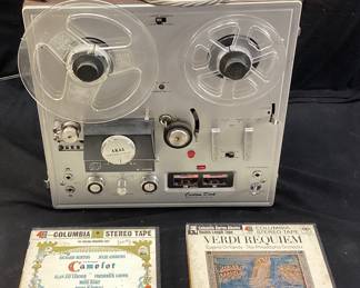 AKAI MODEL X-100D CROSS FIELD CUSTOM DECK REEL TO TO REEL TAPE RECORDER, w MANUAL, CAMELOT & VERDI REQUIEM STEREO TAPES TESTED NO SHIPPING PICKUP ONLY