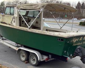 23ft 1995 PARKER OFFSHORE TRAWLER FISHING BOAT w CABIN & DUAL AXLE MAGIC TILT TRAILER, SOFT TOP BIMINI SHADE, BOAT NEEDS SOME DETAILING & NEW BATTERY, INBOARD ENGINE