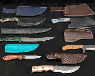 (6) ASSORTED DAMASCUS BLADE KNIVES w SHEATHS