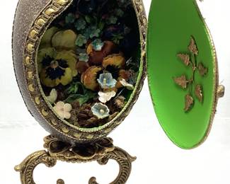 VTG. FABERGE STYLE HAND DECORATED CAMEO DESIGN OSTRICH EGG, FLORAL ACCENTS, ORNATE GOLD TONE STAND, 7in H, ONE OF A KIND, HINGE NEEDS REPAIR NO SHIPPING PICKUP ONLY