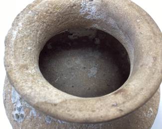 ANCIENT CLAY STONEWARE POTTERY, ROUNDED BOTTOM AND A FLARED RIM WITH FOSSILIZED CORAL INSIDE AND OUT, BEAUTIFUL PIECE OF HISTORY. HAS A TAG OF 002 ON THE BOTTOM