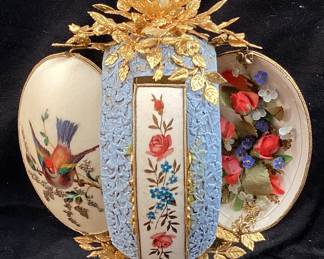 VTG. FABERGE STYLE HAND DECORATED BIRDS DESIGN OSTRICH EGG, FLORAL ACCENTS, ORNATE GOLD TONE STAND, 10.5in H, ONE OF A KIND NO SHIPPING PICKUP ONLY