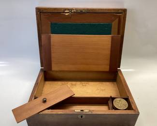 ANTIQUE 19TH CENTURY TRAVELING WRITING SLOPE LAP DESK WITH PAPER FASTENERS TIN