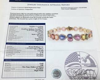 14KT 2-TONE GOLD MULTI COLOR SAPPHIRE & DIAMOND BRACELET, 22.10cts SAPPHIRES, 1.34cts DIAMONDS, 15.3g TOTAL WEIGHT, GGA APPRAISAL $25,980.00