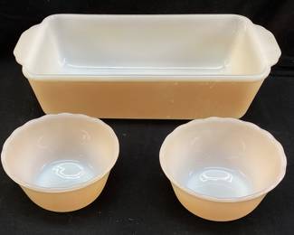 3 PIECE VTG. FIRE KING PEACH LUSTER LOAF PAN & 2 BOWLS