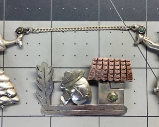 MCM STERLING BROOCH PINS LOT WONDERFUL MID CENTURY FLAMENCO DANCERS CHATELAINE PIN AND MCM SIESTA BROOCH BOTH FEATURE TURQUOISE AND CORAL ACCENTS. TOTAL WEIGHT 22.06 GRAMS