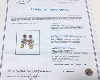 14KT YELLOW GOLD MULTI COLOR SAPPHIRE & DIAMOND EARRINGS, 13.75cts SAPPHIRES, 0.54cts DIAMONDS, 6.7g TOTAL WEIGHT, IAS APPRAISAL $10,890.00