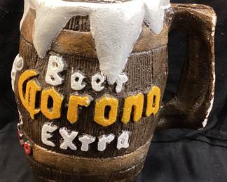 VTG. CORONA EXTRA BEER MUG COIN BANK, MEXICO, 10in H, CAN NOT OPEN, MYSTERY AMOUNT OF COINS INSIDE