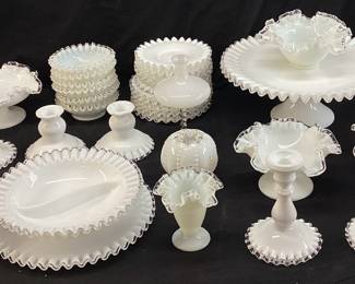 FENTON MILK GLASS SILVER CREST PIECES, VASES, COMPOTES, CANDLESTICK HOLDERS, CANDY DISHES, SERVING BOWLS & DISHES, ESTIMATE 30 PIECES NO SHIPPING PICKUP ONLY