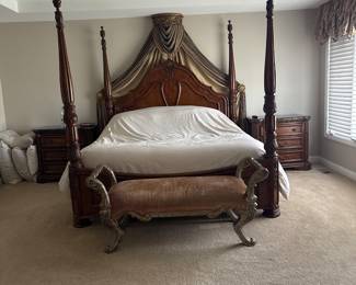 American Drew king bedroom set. Includes King poster bed, 2 nightstands w/ granite tops, dresser, mirror & chest 