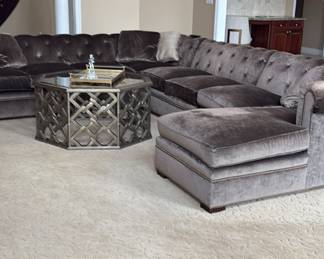 Century brand Tufted sectional. Purchased from Gormans. Transitional style. Gray/olive color. In great condition. Had gold button detail. 6 pillows included. 64 inchesx12 feet x 114 inches- dimensions