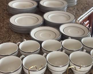 63 piece Mikasa tea cup set. Dishwasher safe. Pet free & smoke free home. 
27 tea cups
28 saucers
2 creamer 
2 sugar
2 salt shakers
2 pepper shakers