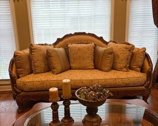 Benetti Italia Traditional sofa, chaise & 2 arm charms in a silk fabric. Includes 13 matching pillows. In a living room that has never been used. Smoke free & pet free home. In excellent condition. Ornate detailing in wood trim. 