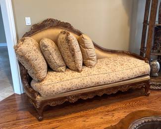 Benetti Italia Traditional sofa, chaise & 2 arm charms in a silk fabric. Includes 13 matching pillows. In a living room that has never been used. Smoke free & pet free home. In excellent condition. Ornate detailing in wood trim. 