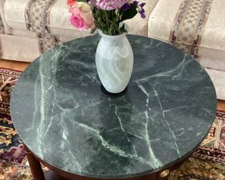 Round Coffee Table with Green Marble Top Swirl Glass Vase JPG