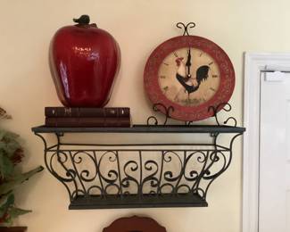 Red Apple SculptureRooster Wall Clock Metal Wall Shelf