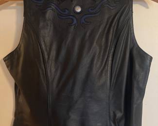 Women's Harley Davidson Black Leather Vest with Blue Embroidered Flames Size S