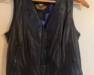 Women's Harley Davidson Black Leather Vest with Blue Embroidered Flames Size S