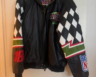 Vintage Jeff Hamilton Men's Interstate Batteries Racing Varsity Leather Jacket with "18" & "NFL" Patches Size M