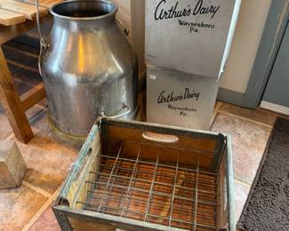 Vintage Stainless Steel Milk Churn, Vintage Arthur's Dairy Metal Dairy Boxes & Vintage Little's Dairy, Hanover PA Milk Crate