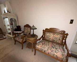 Eastlake Cushioned Parlor seat with wood carving - $250