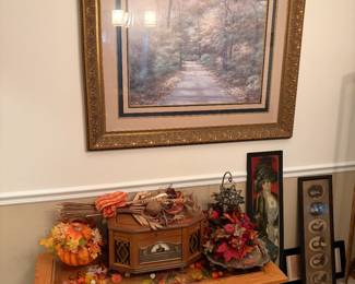 handmade display table. Retro c/d radio. More wall hangers and holiday 